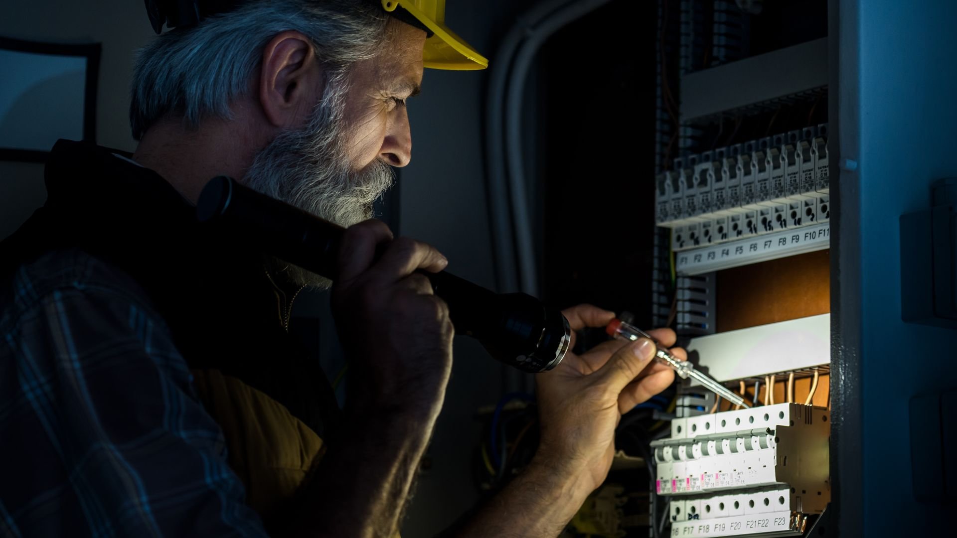 Electrician in hard hat inspects electrical panel with flashlight in dark room