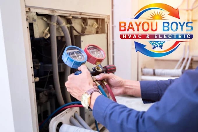 HVAC technician using pressure gauges to service air conditioning unit